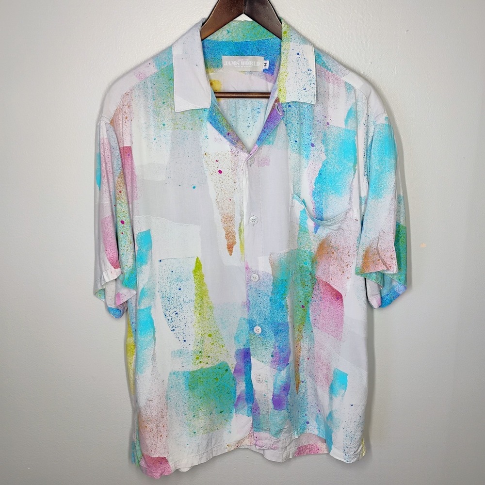 Jams World Mens Med Vtg Hawaiian Shirt Abstract Ice Pop Paint Splatter Hawaii